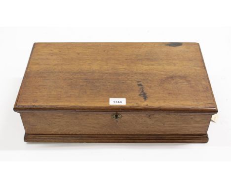19th Century oak tool chest with carrying handles and original label, including tools, 47 x 26 x 14cm high