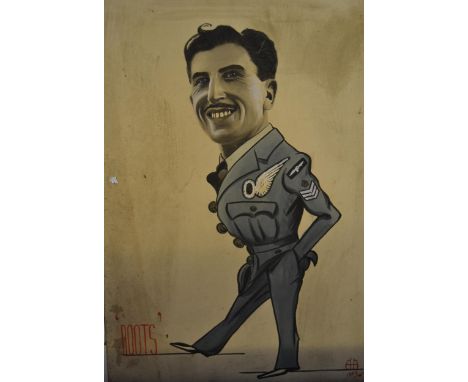 1940's Caricature of a 1940's airfield officer entitled ' Boots ', unframed, bearing monogram, dated 1942, 53 x 38cm