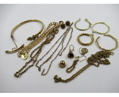 9ct Gold bangle (at fault), 9ct curb link bracelet with padlock clasp, three various 9ct gold chains (at fault), pair of 9ct 