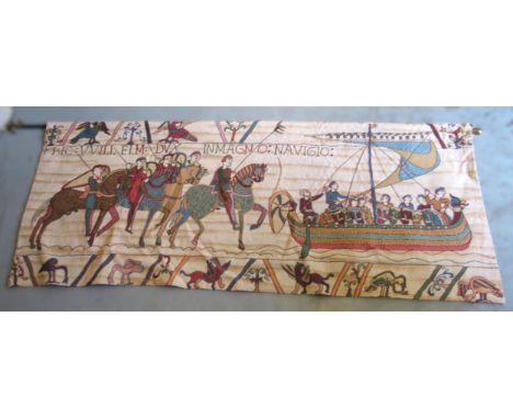Hines of Oxford tapestry wall hanging in the style of the Bayeux tapestry, together with two matching cushions