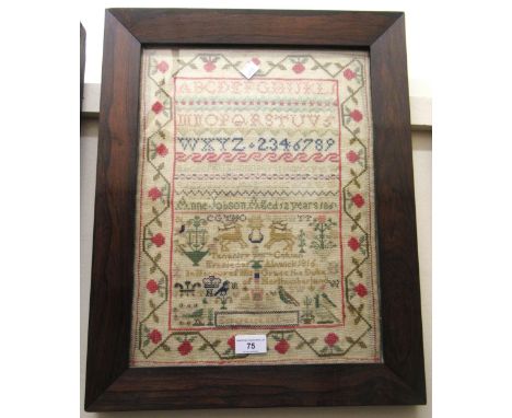19th Century alphabet and pictorial sampler by Anne Jobson, aged 12 years 1860, in a rosewood frame, 41 x 30cmSome staining.