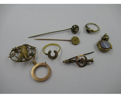Gold horseshoe ring (at fault), two stick pins and a small quantity of other jewellery