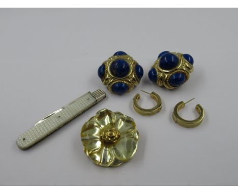 Pair of Christian Dior costume hoop earrings, pair of Givenchy ear clips set with blue stones (at fault), Kenzo costume brooc