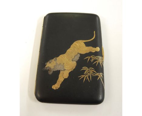 Japanese rectangular black metal cigarette case, gold decorated with a tiger, signed to the reverse, 9 x 6cm