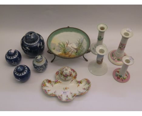 Dresden floral decorated inkwell, Continental porcelain comport on brass rams head supports, pair of miniature Chinese blue a