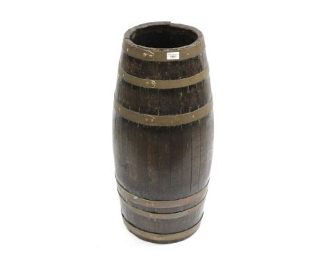 Large brass bound oak barrel form stick stand, 77cm high
