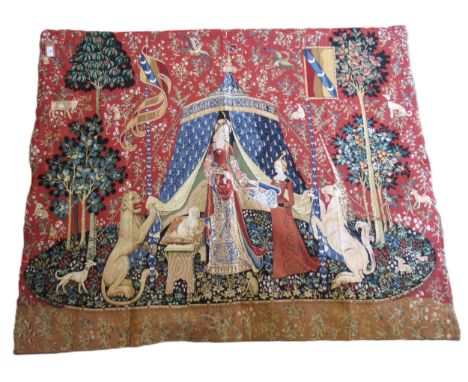 Group of four modern machine woven tapestry panels after the five senses series, varying sizes, the largest 110 x 138cm