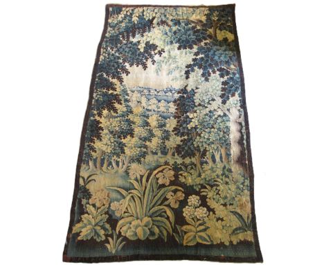 17th / 18th Century tapestry wall hanging fragment, landscape scene with distant building through trees and flowers, 192cm hi