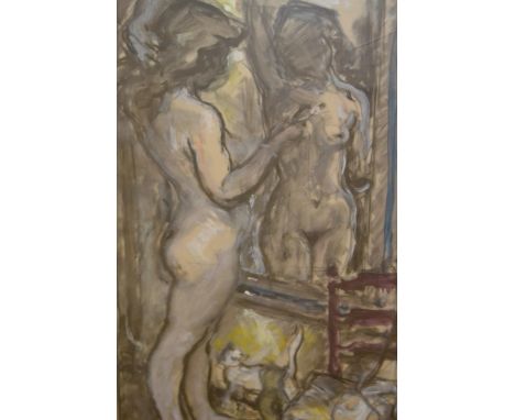 Paul Ackerman, 20th Century mixed media study, nude female standing before a mirror, signed, 60 x 35cm, framed