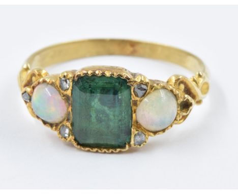 Antique yellow metal emerald, opal and rose cut diamond set ring, size 'N', 3gSize of emerald approximately 7 x 5mmSize of op