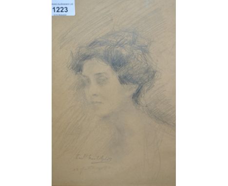 Paolo Troubetzkoy, pencil drawing, head study of a young lady, signed, dated 8th July 1908, 29 x 21cm