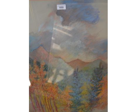 Mid 20th Century pastel drawing, mountain landscape, another still life poppies, a coloured print T. Wolf, church interiortog