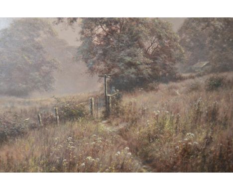 David Dipnall, oil on canvas, scene on a rural footpath with signpost and iron gate, signed, 50 x 75cm in a swept gilt frame