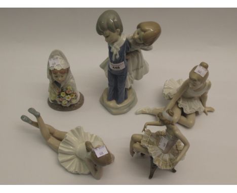 Lladro bust of a lady, seated figure of a ballerina, and three Nao figurines