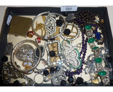 Antique and vintage jewellery, some silver, a diamante Duette brooch, antique buckles, silver hinged bangle etc