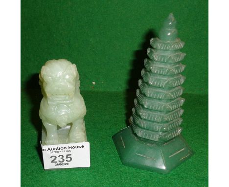 Chinese carved jade pagoda and a lion dog