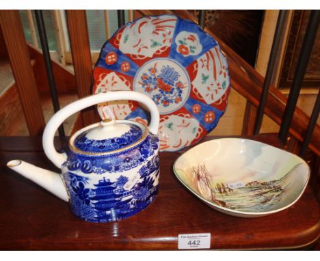 Copeland Spode blue and white tea pot, an Imari plate and a Royal Doulton "Home Waters" bowl