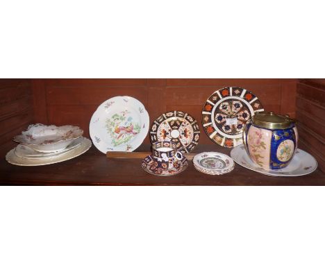 Royal Crown Derby Imari pattern plates, Art Nouveau biscuit barrel, Copeland Spode "Billingsley Rose" plate, New Chelsea plat