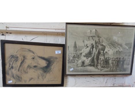 Pencil portrait of a dog and a 19th c. steel engraving of a Royal procession in India with elephant and howdah