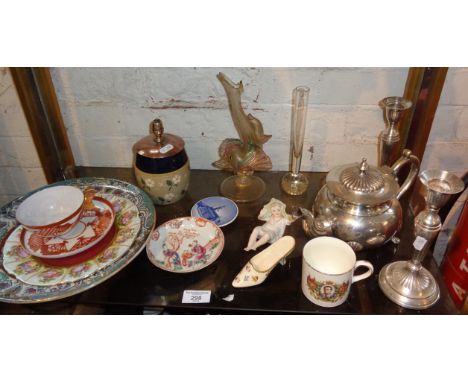 Shelf of assorted china and silver plate