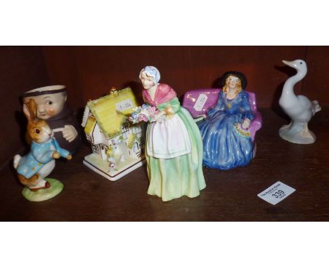 China figurines inc Richton Studies lady, Arcadian Chine "Miss Prudence" Lladro goose, Beswick Peter Rabbit, Goebel milk jug 