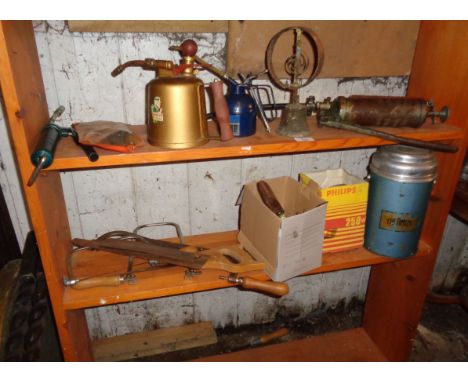 Assorted tools etc. inc. grease guns, oil can, servants bell etc.