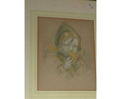 Pencil and chalk study portrait of a girl eating an orange
