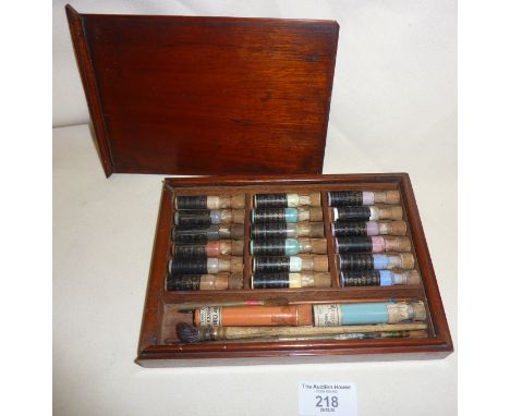 Victorian ceramic artist or painter's paint set in wooden box with sliding lid, containing vials of powder colours by Hancock