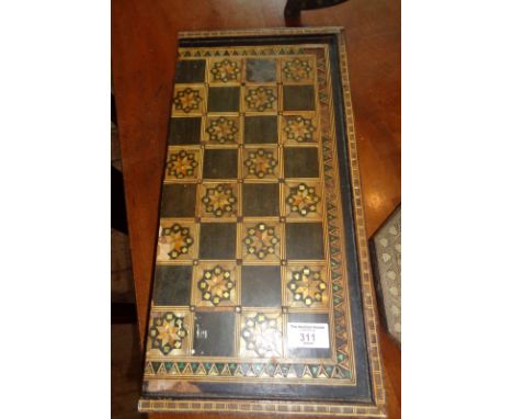 Antique inlaid backgammon and chess board, with horn and vegetable ivory counters (A/F)