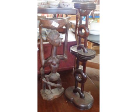 Tribal Art African carved figure of a female native with food bowl and an Oriental carved and turned mahogany wig stand