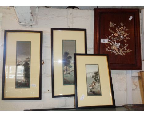Three framed Oriental prints and Chinese wood panel with mother-of-pearl inlaid floral decoration