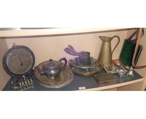 Shelf of assorted silver-plate, etc.