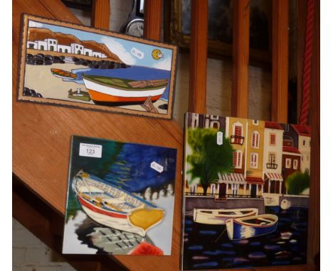 Three Continental brightly glazed tube-lined ceramic panels of fishing boats