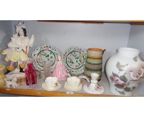 Shelf of assorted china and glass inc. Staffordshire, Doulton stoneware, etc