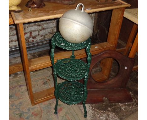 Pine wall shelves, old mahogany toilet seat, cast metal plant stand and an aluminium buoy