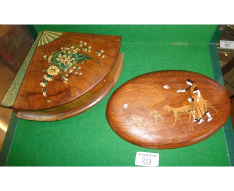 Edwardian fan shaped olivewood jewellery box - handpainted from Nice, and a fine marquetry inlaid panel depicting an Indian l