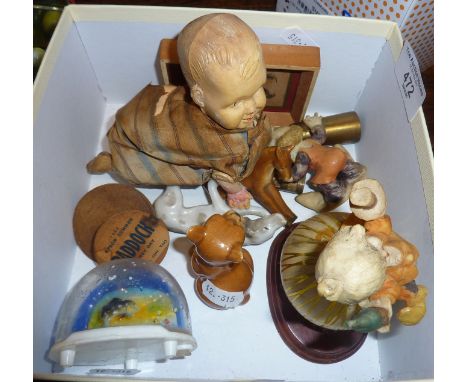 Japanese vintage automaton crawling celluloid baby doll, Epsom Derby day badge, Goebel dog and other figurines, etc.