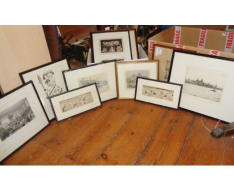 Framed etching of Pier Head, Liverpool by Ray Allen, etching of St. Pauls from The Thames and 8 other prints and engravings. 