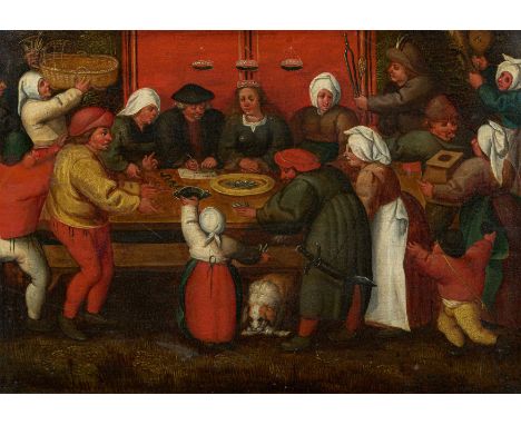CLEVE, MARTEN VANAntwerpen 1520 - 1570Titel: Darbietung der Geschenke an die Braut. Technik: Öl auf Holz. Maße: 26 x 37cm. Ra