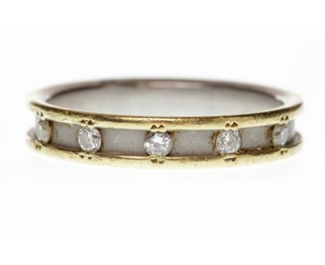 EIGHTEEN CARAT GOLD BI COLOUR DIAMOND SET BANDformed by a central section of white gold set with five diamonds and bordered b