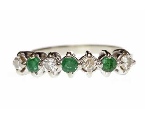 EIGHTEEN CARAT WHITE GOLD EMERALD AND DIAMOND RINGset with alternating round, emeralds and diamonds, size K, 3.8g