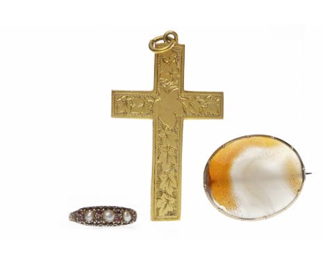 LATE VICTORIAN AGATE BROOCHof oval form, 30mm long, unmarked; along with a Victorian cross pendant, unmarked, 51mm high and a