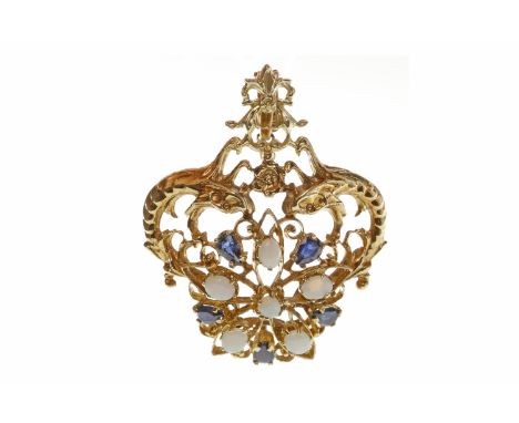 FOURTEEN CARAT GOLD OPAL AND SAPPHIRE PENDANTopenwork, with a star motif set with oval opals and sapphires, with an ornate ba