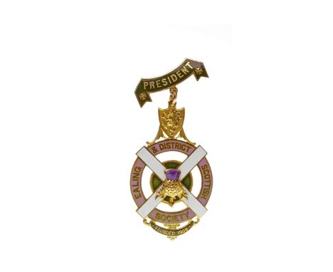 NINE CARAT GOLD ENAMELLED MEDALfor the Ealing & District Scottish Society, with central enamelled thistle on a Saltire cross,