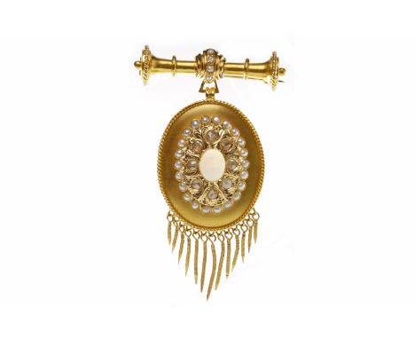 MID VICTORIAN OPAL, PEARL AND DIAMOND BROOCHformed by an oval drop with a central raised section set with a single oval opal 