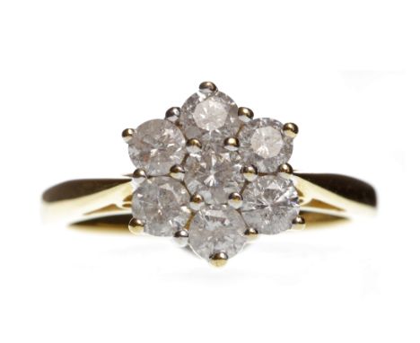 DIAMOND CLUSTER RINGset with round brilliant cut diamonds totalling approximately 0.70 carats, in eighteen carat gold, size K