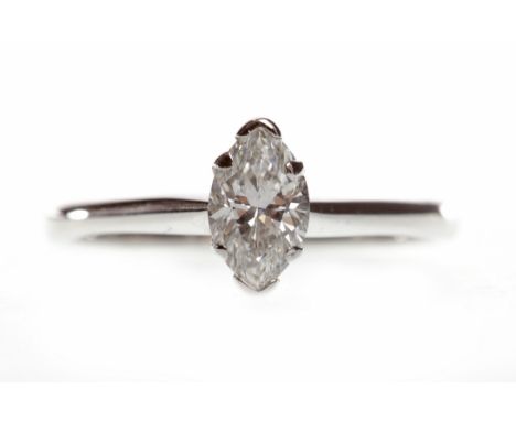 EIGHTEEN CARAT WHITE GOLD DIAMOND SOLITAIRE RINGwith a six claw set marquise cut diamond of approximately 0.40 carats, size K