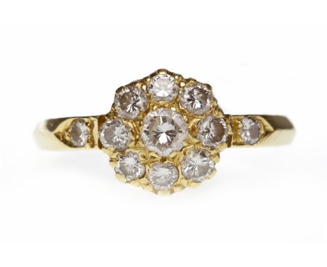 VICTORIAN STYLE EIGHTEEN CARAT GOLD DIAMOND CLUSTER RINGthe round bezel 9.3mm wide and set with round brilliant cut diamonds,