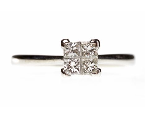 EIGHTEEN CARAT GOLD DIAMOND RINGset with four princess cut diamonds totalling approximately 0.20 carats, size K, 2.4g