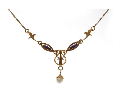 EIGHTEEN CARAT GOLD ENAMEL AND PEARL PENDANTwith two marquise shaped sections each with a blue enamel centre, with suspended 